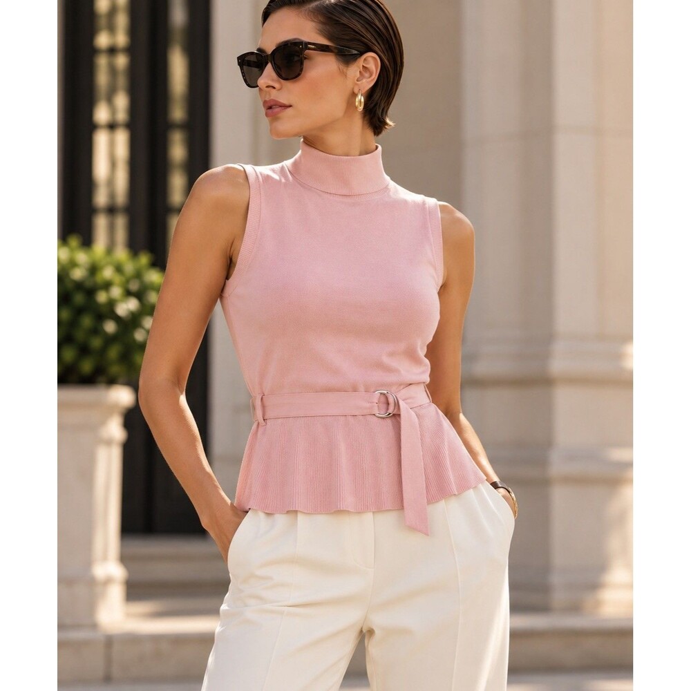 Mossimo Pink Mock Neck Sleeveless Knit Top Belted Peplum Y2K Size S